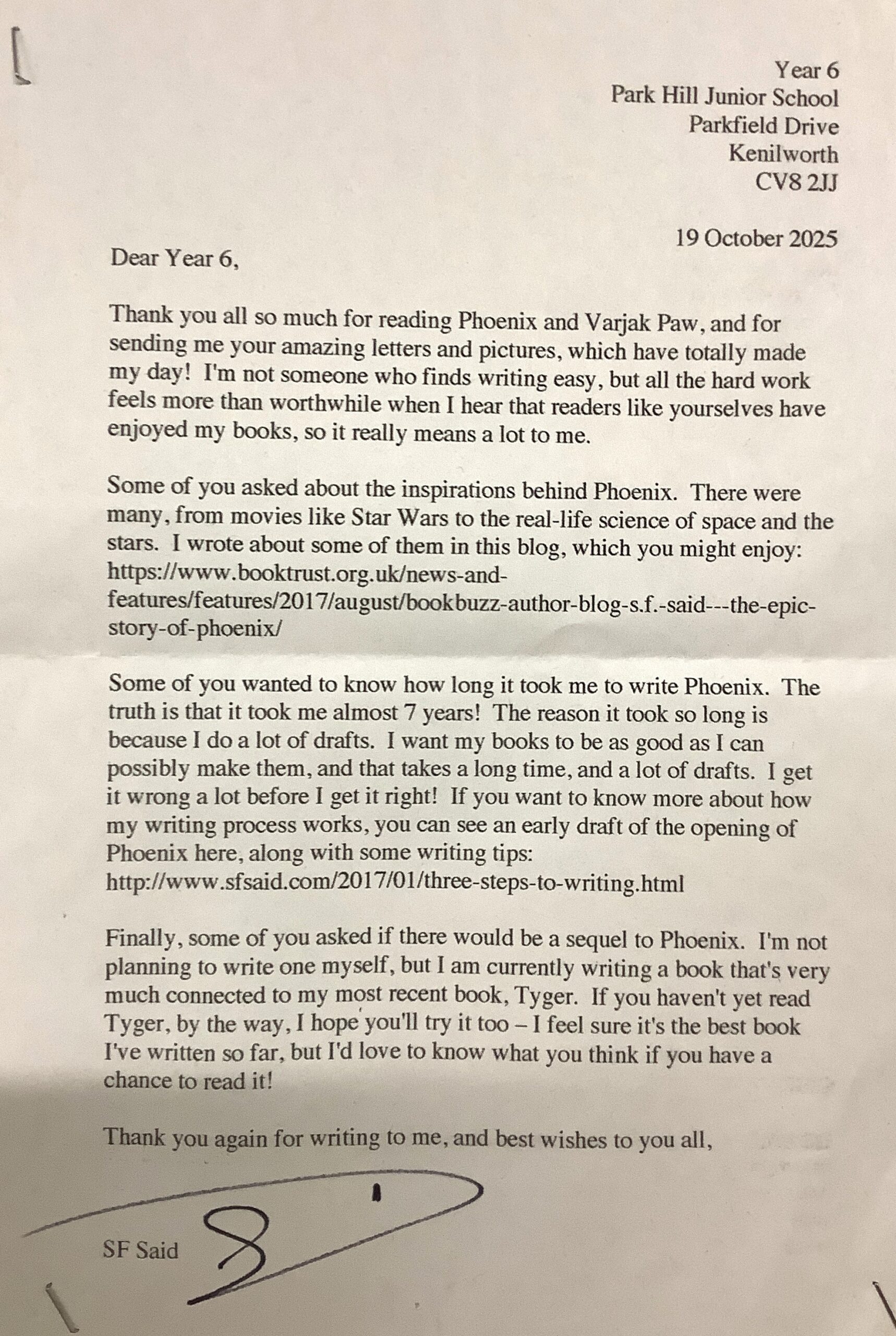 A reply from our favourite author - SF Said